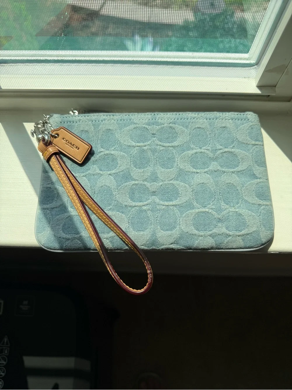 Coach Denim Wristlet with Tan Leather Strap CJ874